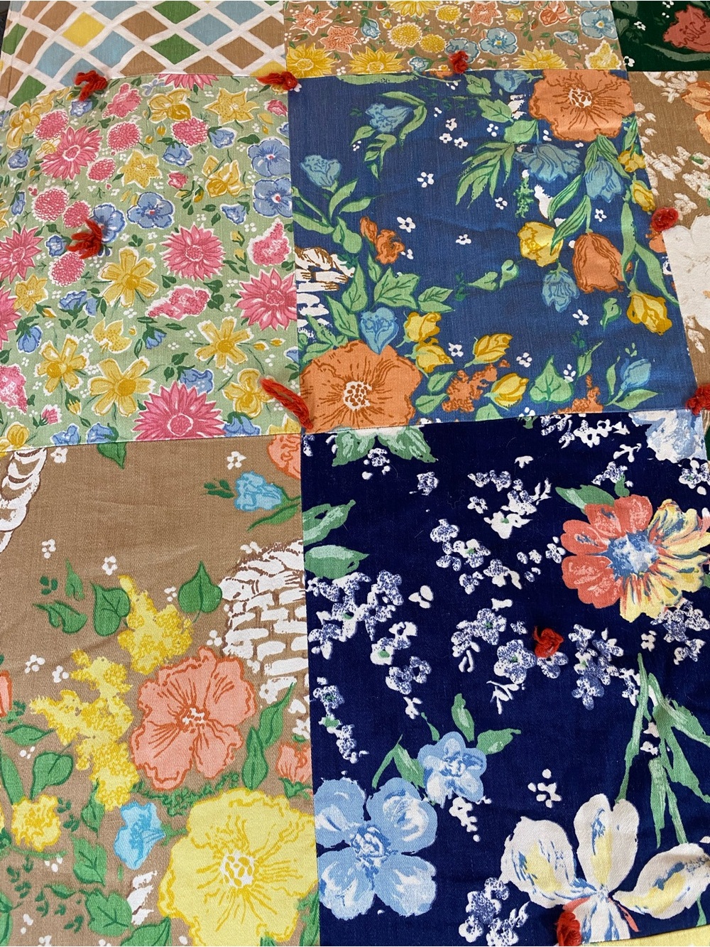 Vintage Handmade Floral Cotton Quilt Twin Throw - Navy, Blue, Tan, Green, Yellow